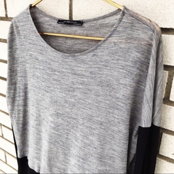 Zara Collection Gray Black Mixed Media Knit Top Sheer Chiffon Hem Size M - Picture 2 of 8